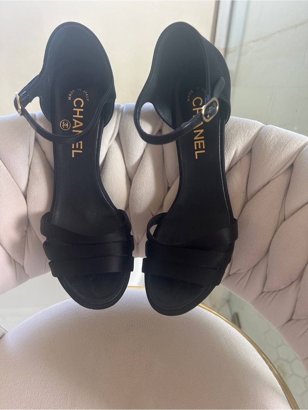 Nordstrom Black Satin Ankle-Strap Heels with Pearl Accent